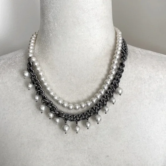 Edgy Pearl and Gunmetal Chain Fringe Sophisticated Bohemian Necklace